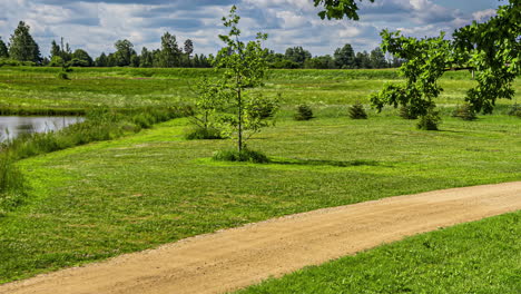 Riding-lawn-mower-cutting-the-grass-in-the-countryside---time-lapse