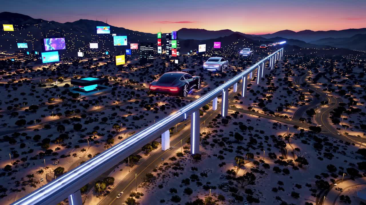 날아다니는 자동차와 고층 교통을 가진 미래의 도시 풍경