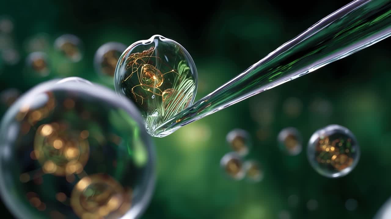Esplorazione microscopica delle strutture molecolari: un primo piano su bolle e goccioline di liquido che rappresentano la scoperta scientifica e l'innovazione in chimica