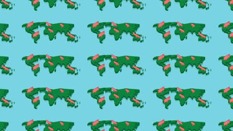 mapa del mundo isométrico verde con punteros naranjas en un fondo azul. movimiento horizontal de bucle sin costuras del concepto de mapa geográfico 3d falso