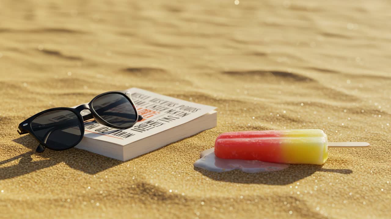 A Relaxing Summer Day at the Beach: Sunglasses, Melting Popsicle, and an Engaging Book on Soft Sandy Shores