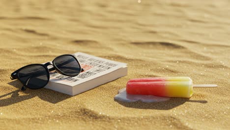 a relaxing summer day at the beach: sunglasses, melting popsicle, and an engaging book on soft sandy shores