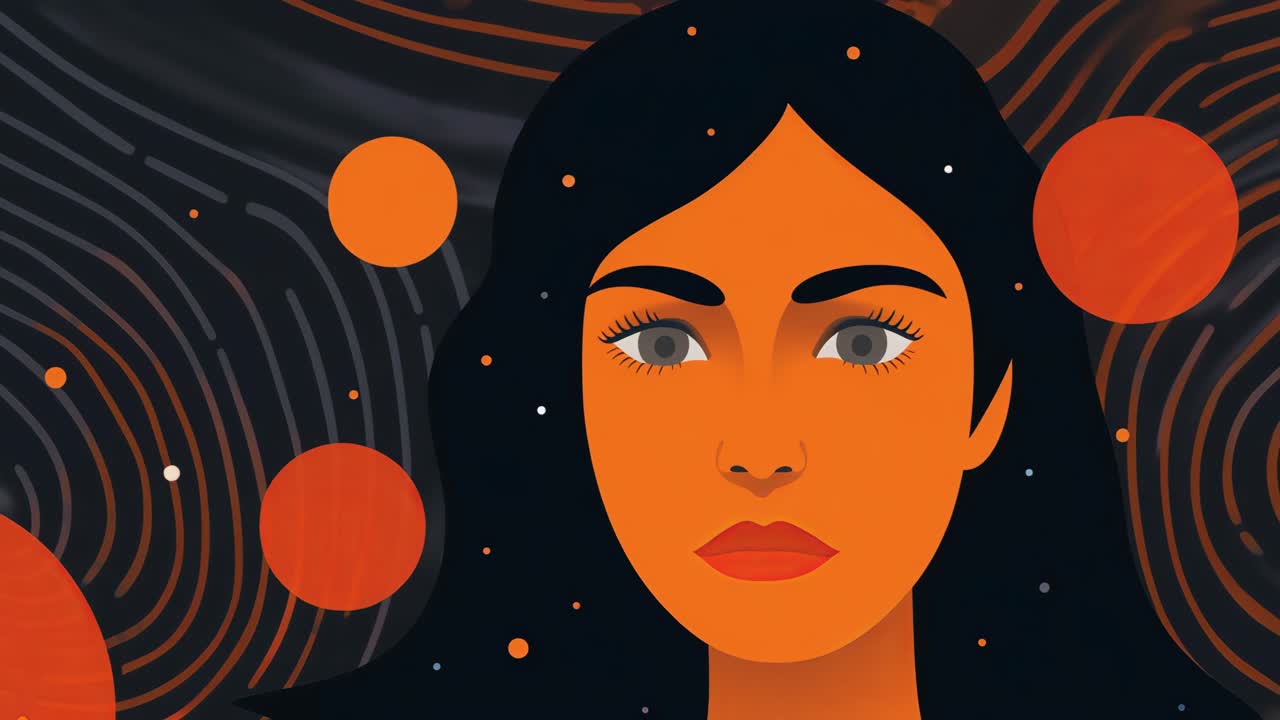Minimalist  illustration of a woman with orange skin and dark hair emerging from a dark space with planets and stars, representing the connection between femininity and the universe