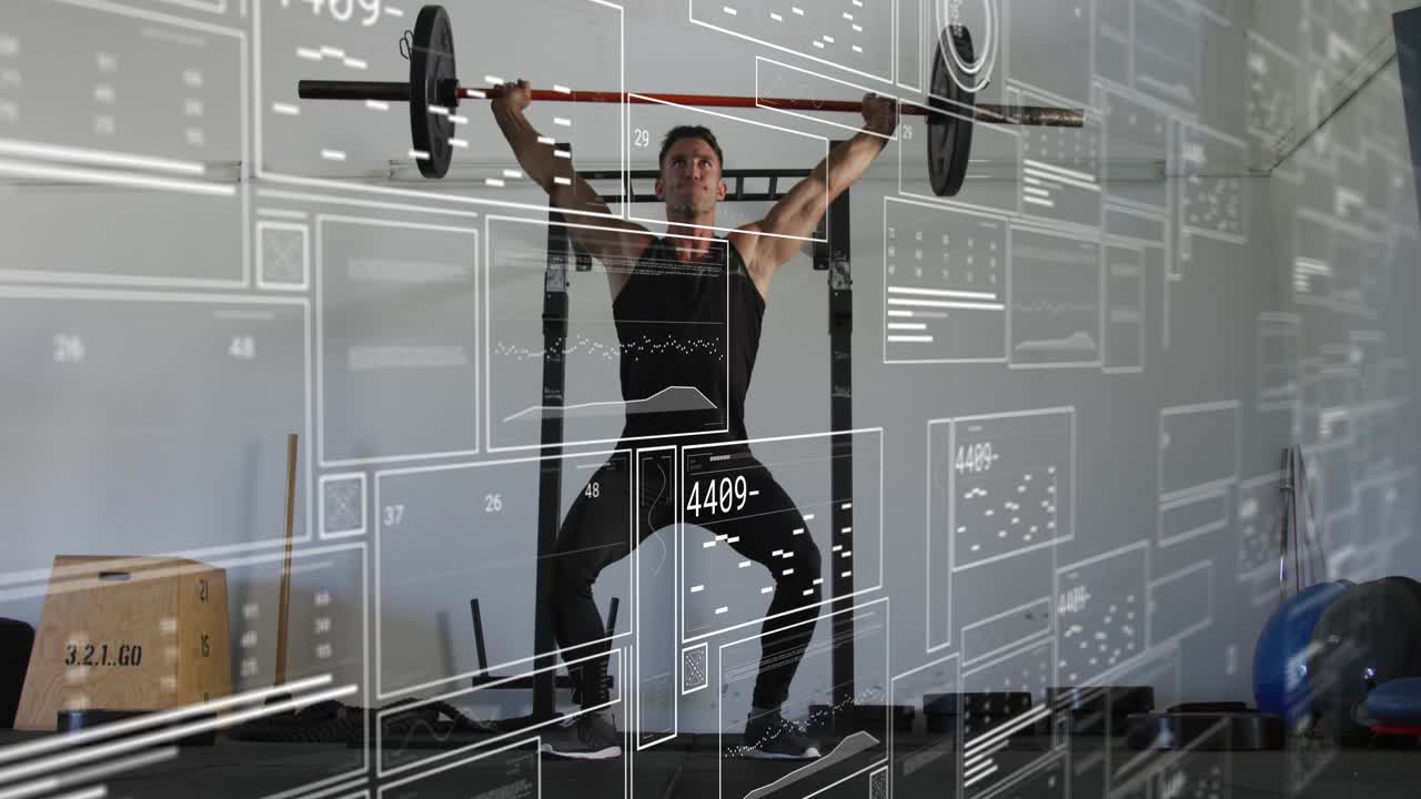 Man adjusting grip, pressing bar overhead, squatting down then driving up, HUD logging fitness data
