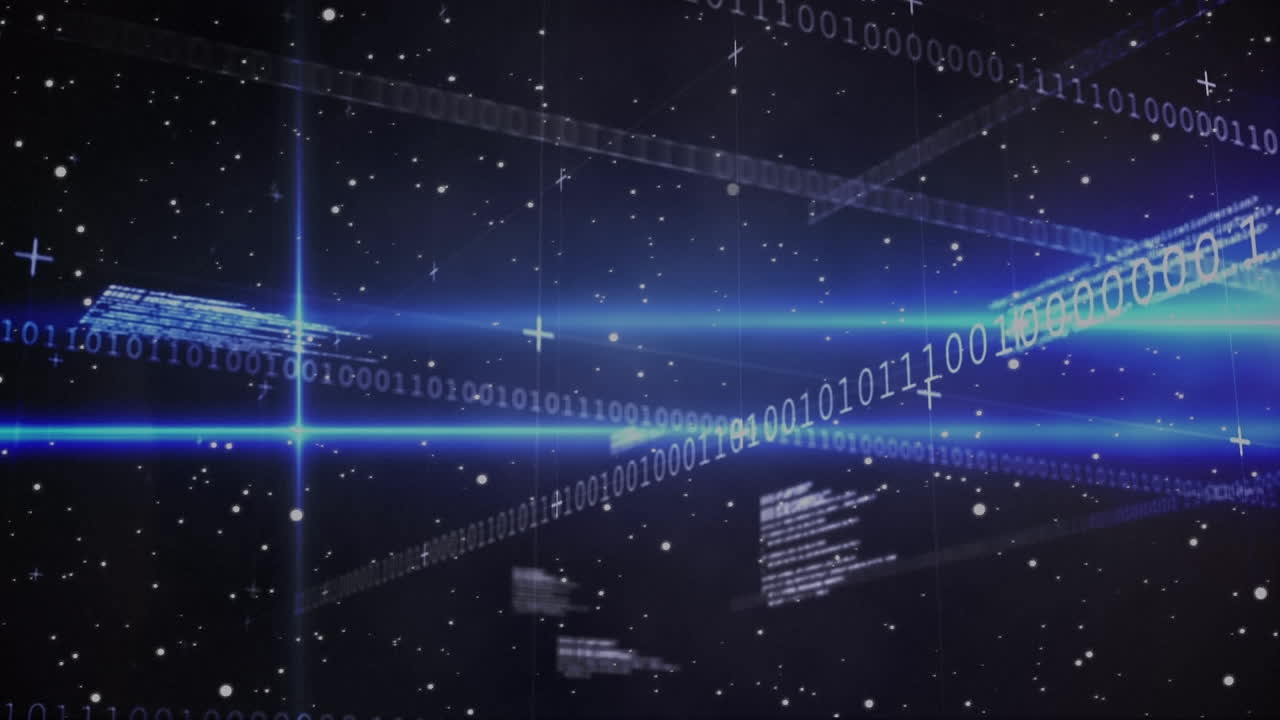 Animation of purple shooting star over data processing and blue light trails on black background