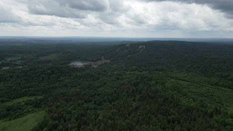 aerial view of mountainous forest landscape with reservoir