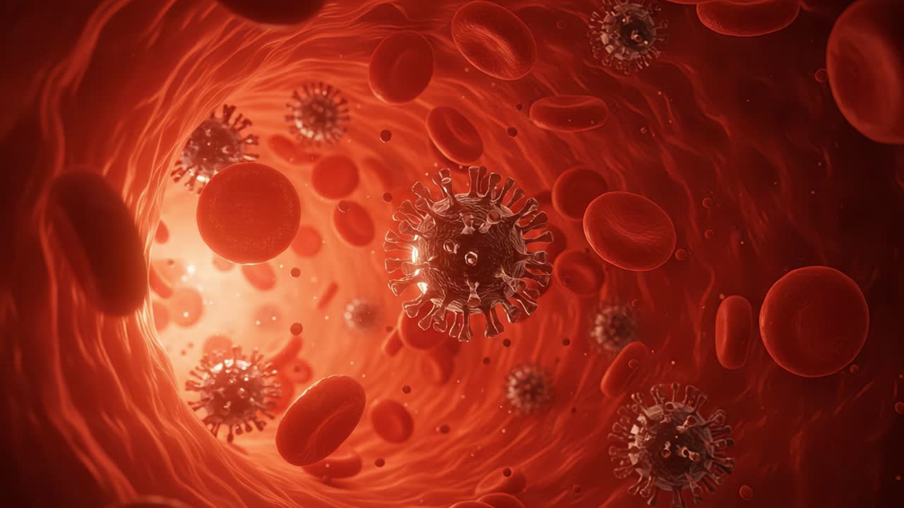 Microscopic View of Viral Infection in Bloodstream: Exploring the Interaction Between Viruses and Red Blood Cells in a Captivating Digital Visualization