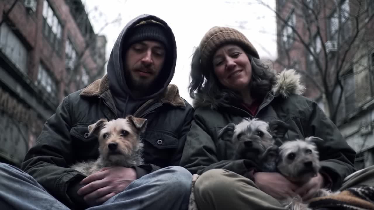 A Heartwarming Encounter: Two Individuals Sitting on the Streets with Their Adorable Dogs in a Gritty Urban Environment, Showcasing the Bond Between Humans and Pets