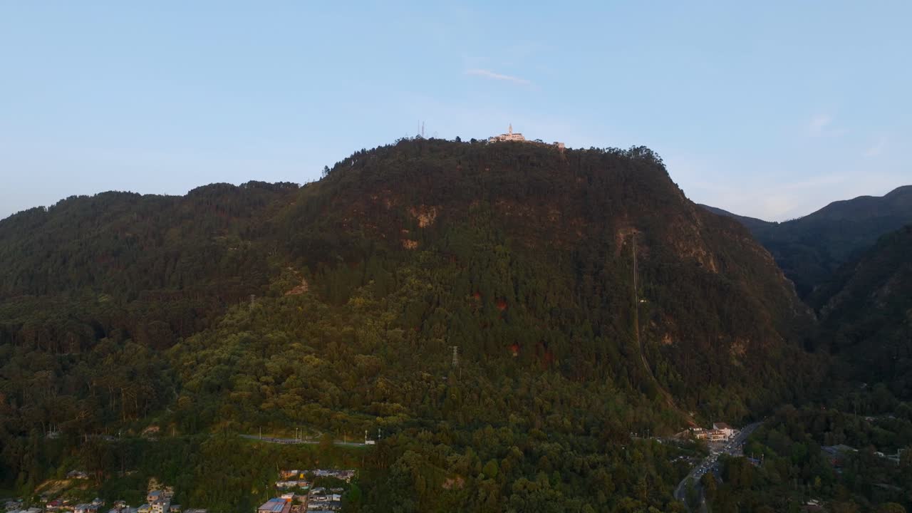 Drone shot overlooking the mountain of Monserrate in Bogota, Colombia