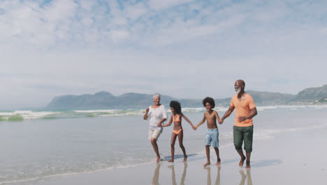 Una-Pareja-De-Ancianos-De-Raza-Mixta-Con-Nietos-Caminando-Y-Tomados-De-La-Mano-En-La-Playa