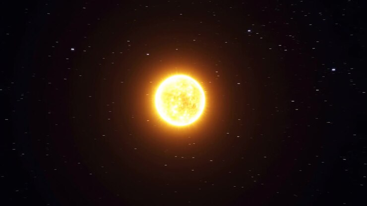 Distant frontal view of luminous yellow orange star centered slightly below midline, showing shifting corona bloom, changing halo thickness, and strong inner disc contrast against dark starfield