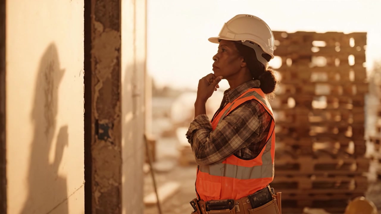 A Construction Worker in Safety Gear Reflects on a Project in a Sunlit Industrial Setting with Pallets in the Background, Conveys Dedication and Focus.