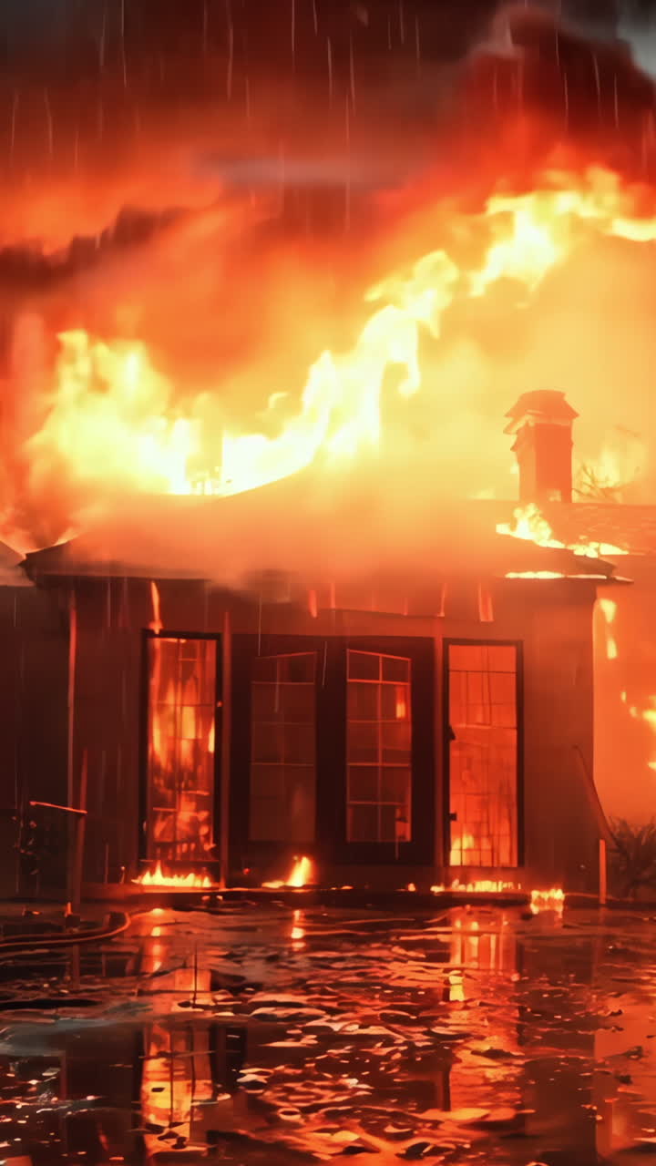 A house is on fire and the fire is very large. The house is surrounded by water and the fire is reflected in the water