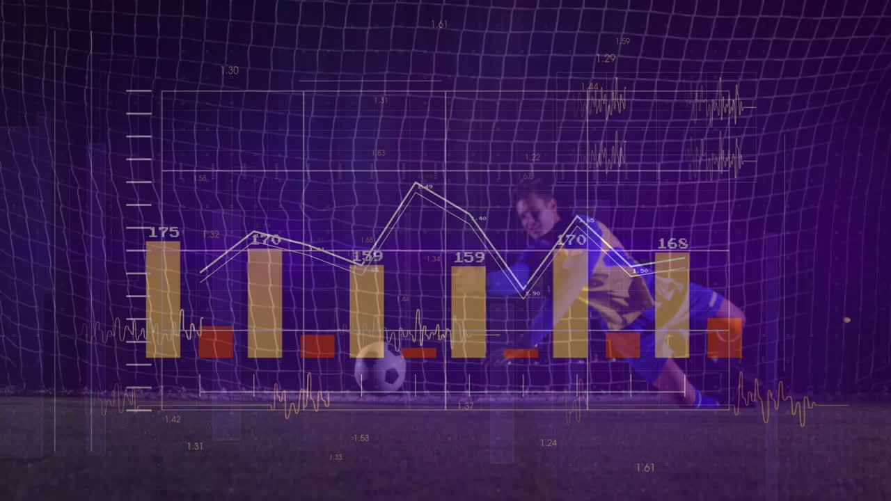 Diving soccer player saving ball with animation of financial graph overlay