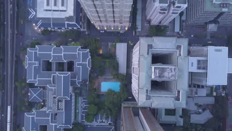 aerial view of a city intersection with high-rise buildings