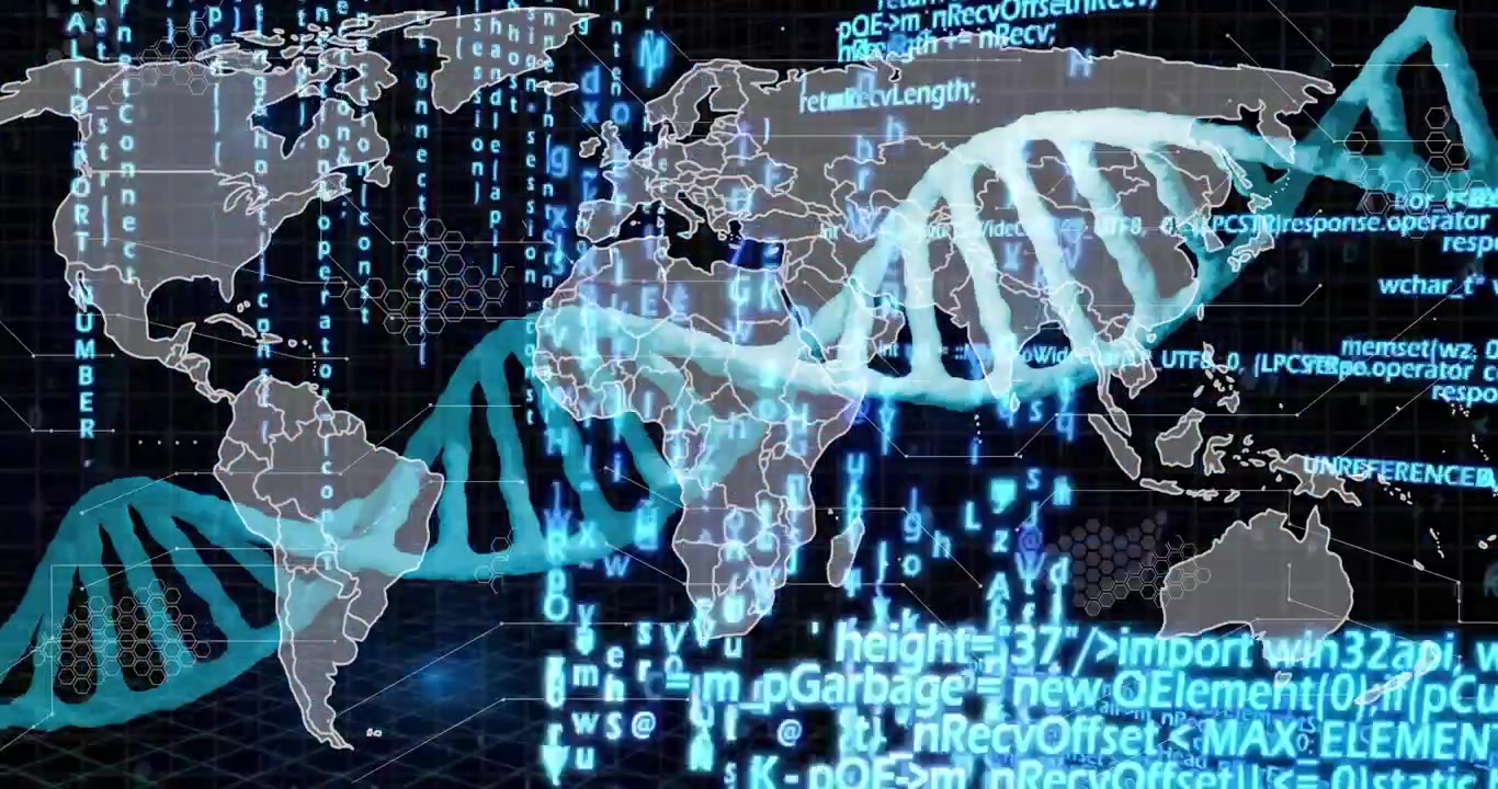 Bright node South America starting motion, teal DNA-helix sliding right, cyan code rising, mapping