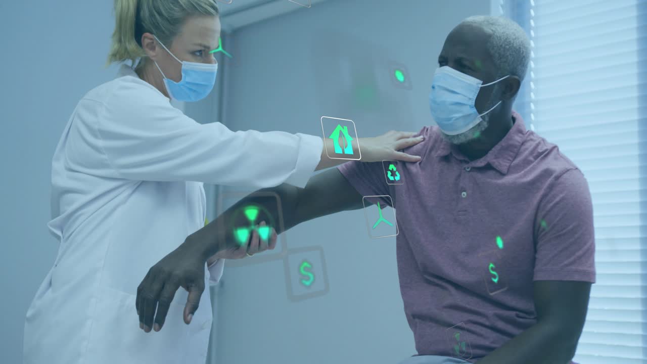 Dr entering health clinic and assessing arm rotation by palpating shoulder, floating metrics icons