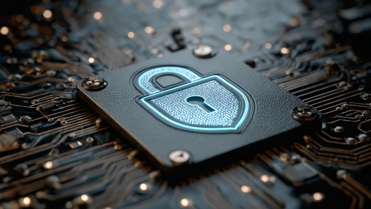 A Close-Up View of a Digital Lock Symbol Representing Cybersecurity on a Circuit Board Background, Highlighting Technology and Data Protection Concepts