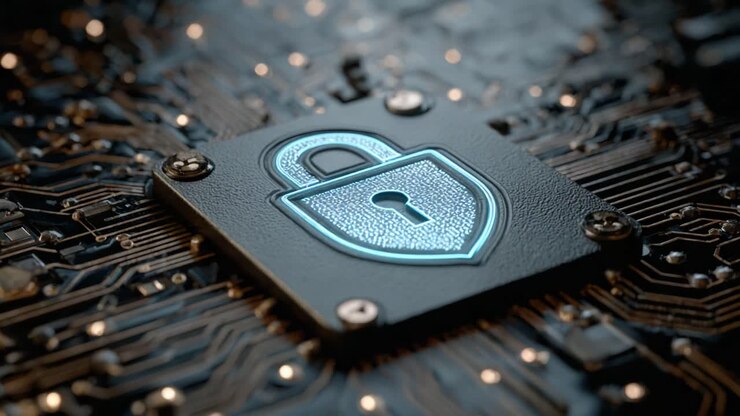 A Close-Up View of a Digital Lock Symbol Representing Cybersecurity on a Circuit Board Background, Highlighting Technology and Data Protection Concepts