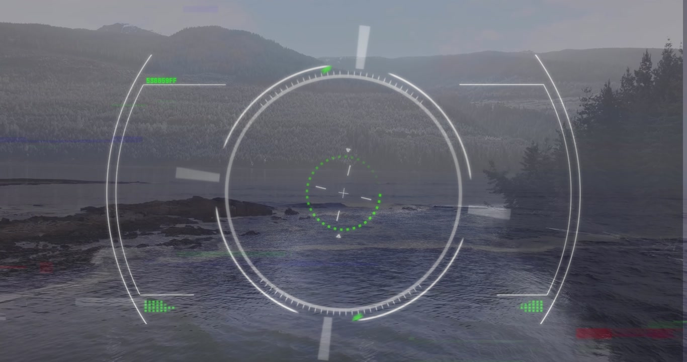 Animation of scope scanning and icons over landscape