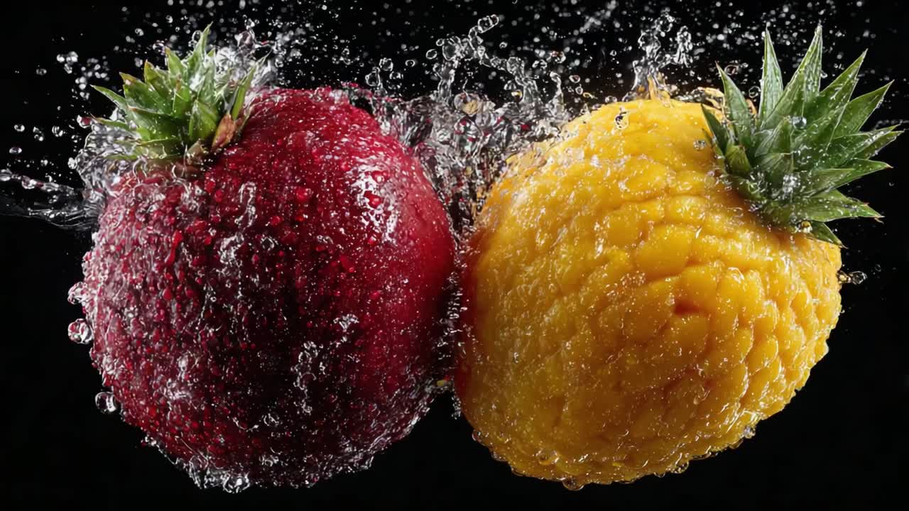 Dynamic Splash of Fresh Fruits: A Vibrant Visual of Juicy Red Apple and Golden Pineapple with Water Droplets Capturing Focus and Energy