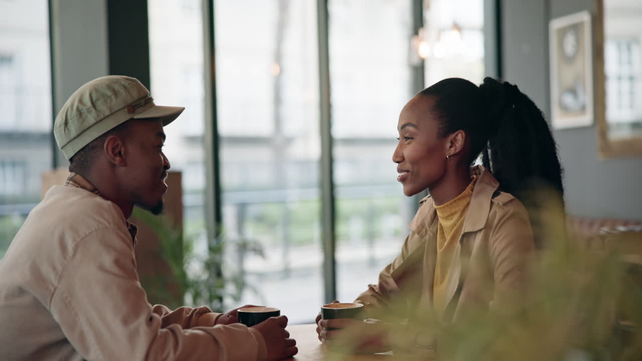 Couple, tea and happy with communication at cafe