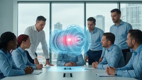 a dynamic meeting on future technologies: team members engage in strategic discussion with a holographic brainstorming session representing innovative ideas.