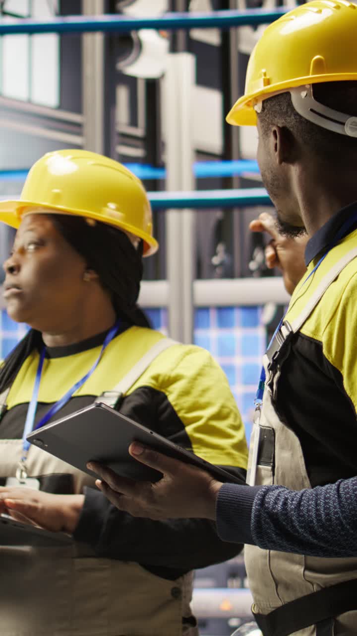 Vertical video Solar panels factory engineering team analyzes performance data on laptop
