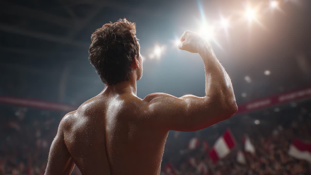 An Exultant Athlete Celebrating Victory in a Grand Arena, Surrounded by Spectators Cheering and Flanking Bright Stadium Lights