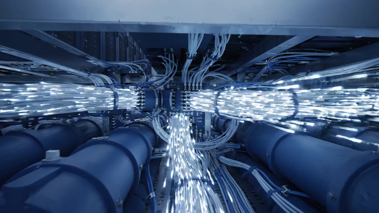 Dynamic Flow of Data in a High-Tech Server Room with Cables and Equipment Showing the Energy and Speed of Modern Computing Technology