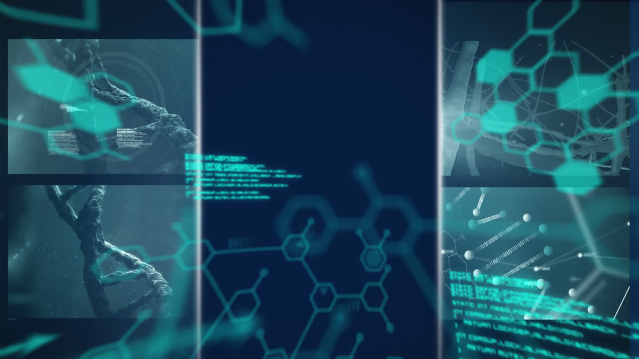 animación digital de múltiples pantallas con procesamiento de datos médicos contra un fondo azul