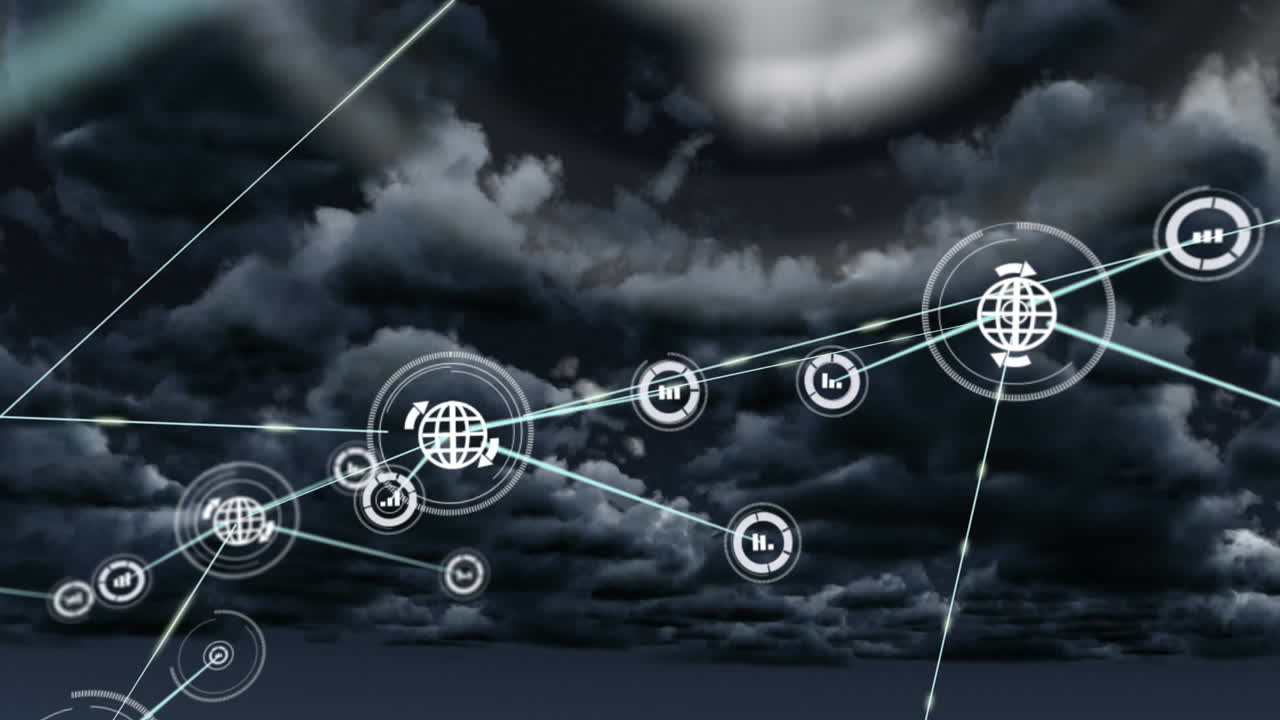 Animation af netværk af forbindelser med ikoner over himlen.