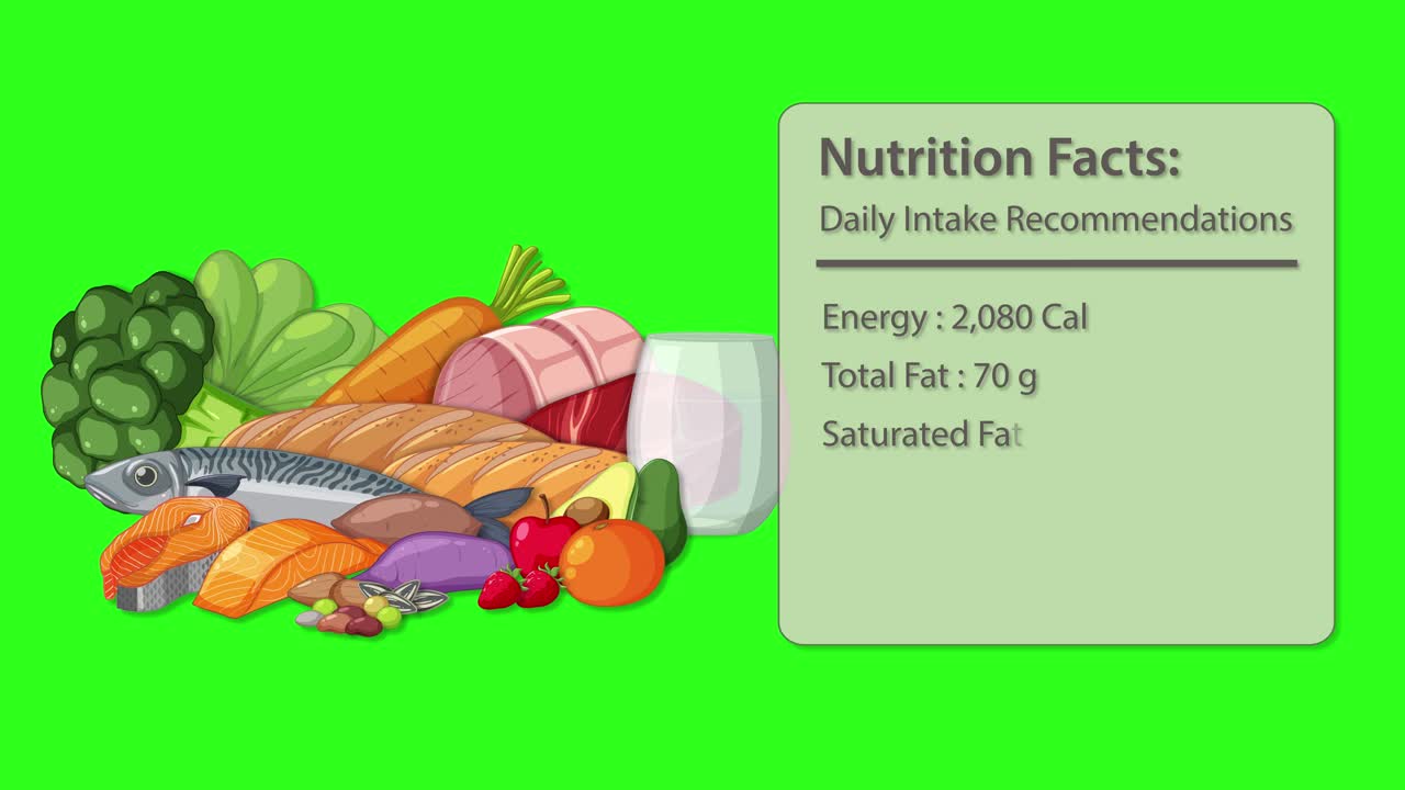 Animated nutrition facts panel appears and fills in over an illustrated assortment of healthy foods, set against a bright green background with smooth transitions