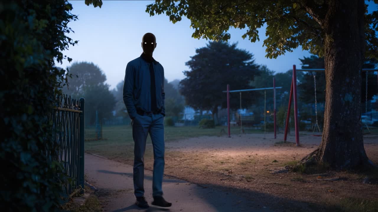 Una figura misteriosa si erge in un parco inquietante al crepuscolo, illuminata da una luce soffusa, evocando un senso di intrigo e suspense in un'atmosfera tranquilla ma suggestiva.