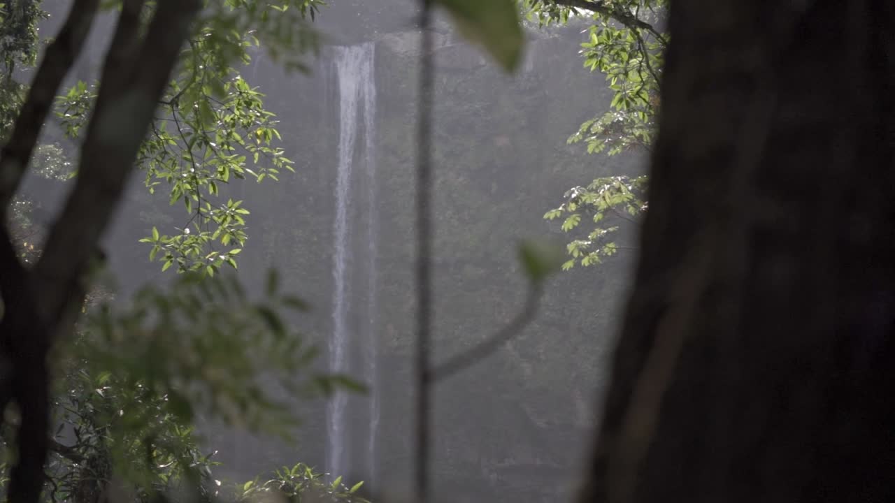 Slow-motion view capturing the powerful, graceful plunge of the Misol-Ha waterfall in the lush, tropical jungle of Chiapas, Mexico