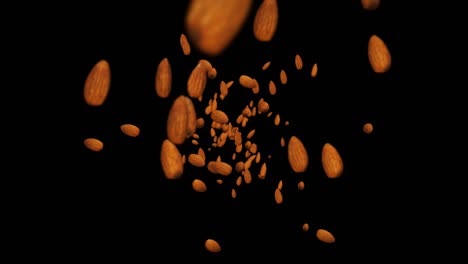 volando muchas almendras nueces en fondo negro. alimentos, alimentos saludables, dieta. animación 3d de almendras girando. animación de bucle.