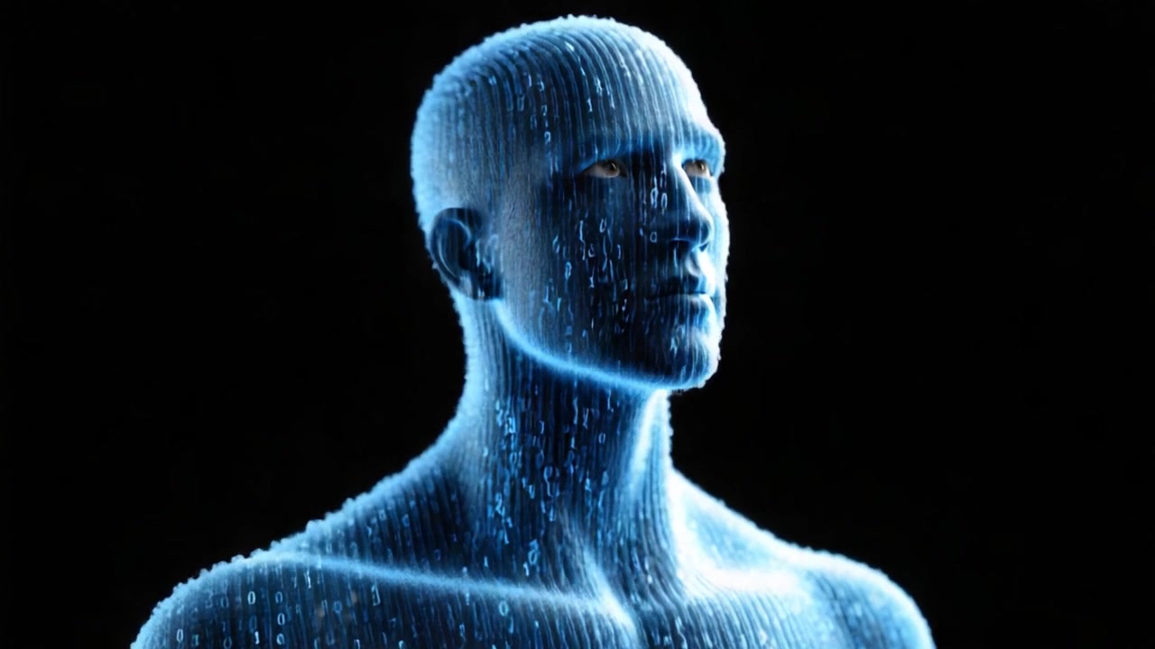 Uma Figura Futurista com um Exoesqueleto Cibernético Composto por Código Binário, Enfatizando a Interseção da Tecnologia e da Humanidade em uma Paisagem Digital Surreal