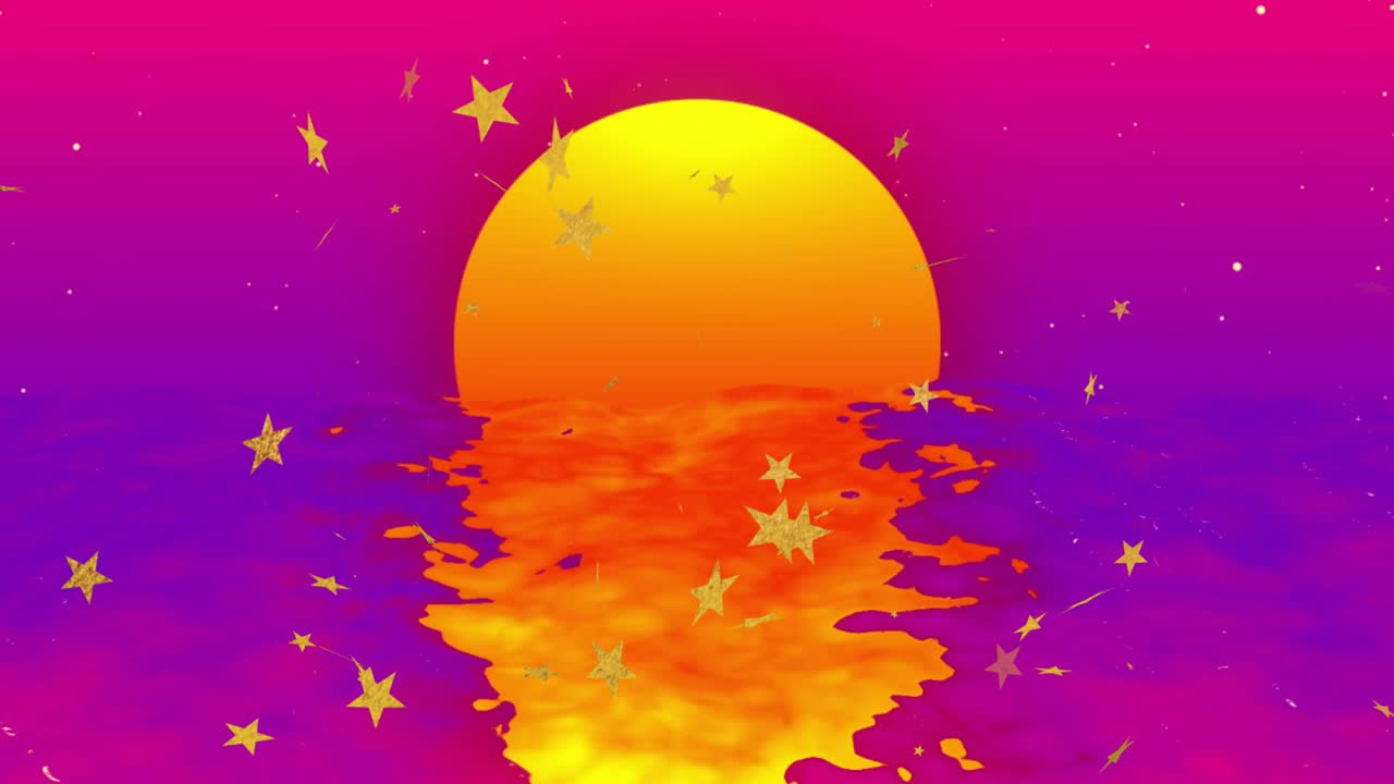 When golden stars appearing, stars orbiting sun while water rippling, forming star ring