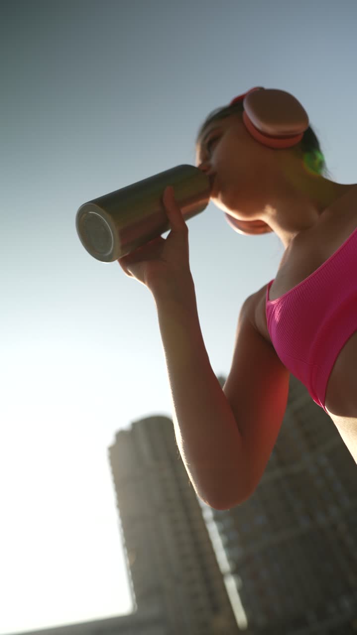 mujer hidratándose al aire libre