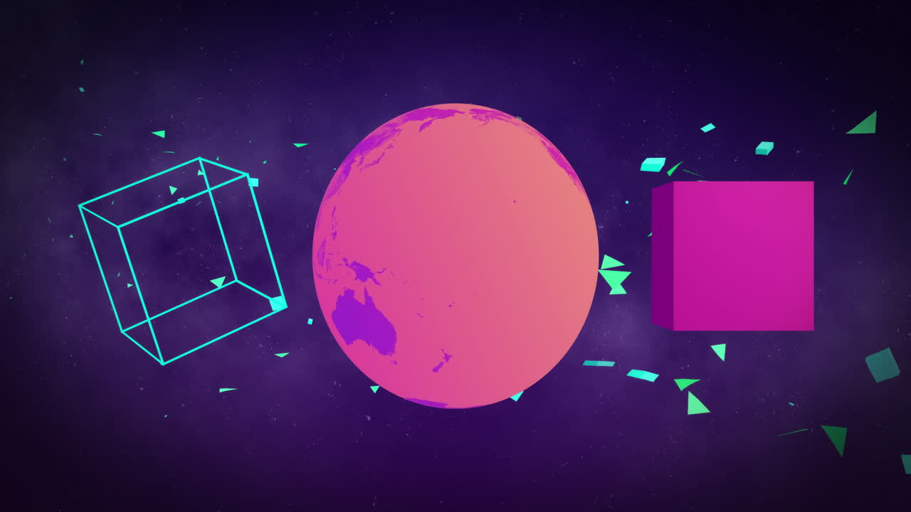 Animation of moving cubes with shapes and globe on black background