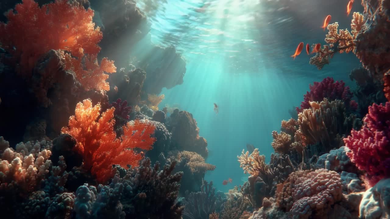 Breathtaking Underwater Scene Showcasing Vibrantly Colored Corals and Schools of Fish Illuminated by Striking Sunlight Beams Filtering Through the Ocean Surface