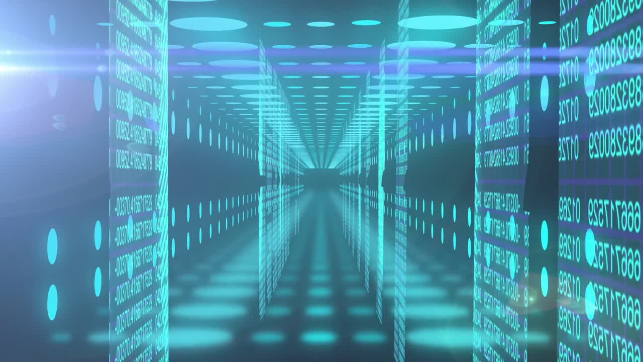 이진 코딩 및 네온 터널을 통해 데이터 처리의 애니메이션