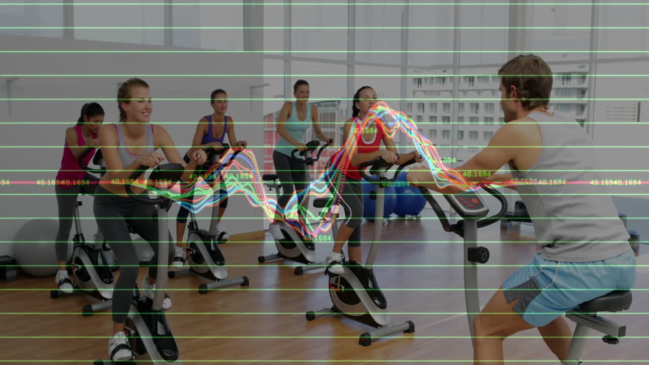 Coach gesturing, guiding riders pedaling and syncing bars with pulsing waveform overlay in fitness