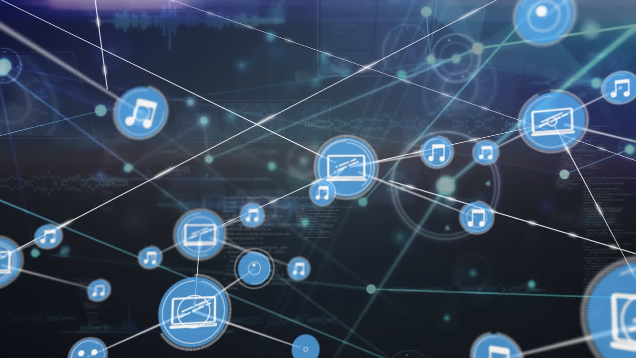 animación de una red de iconos digitales, procesamiento de datos y senderos de luz contra un fondo azul