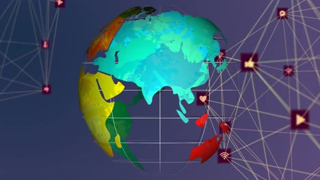 iconos de red de conexión contra un globo girando sobre un fondo púrpura