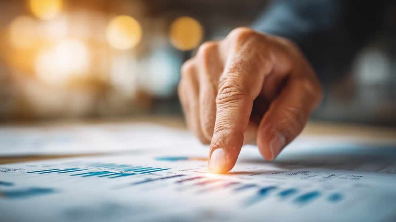 Analisi mirata: precisione nell'interpretazione dei dati con una mano che indica grafici finanziari e metriche, catturando l'essenza dell'analytics in azione.