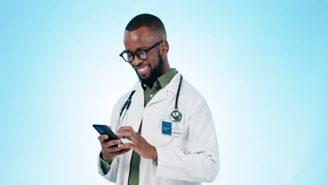 Doctor,-man-and-happy-with-phone-in-studio