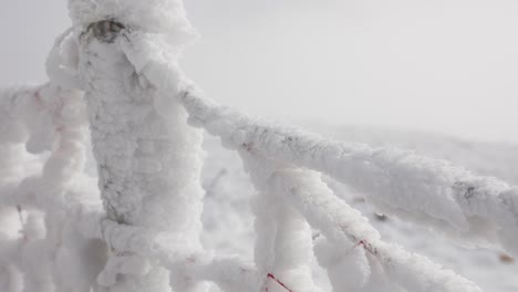 Winter-in-the-mountains,-frosted-railings,-piled-up-snow