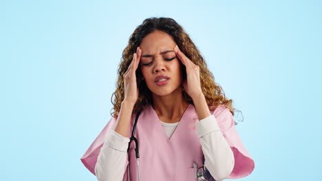 headache, nurse and pain of woman in studio