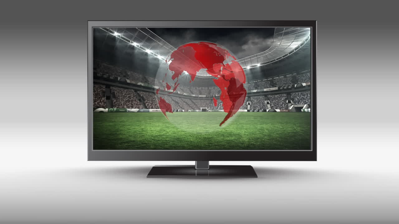animación de tv con globo y estadio en fondo gris